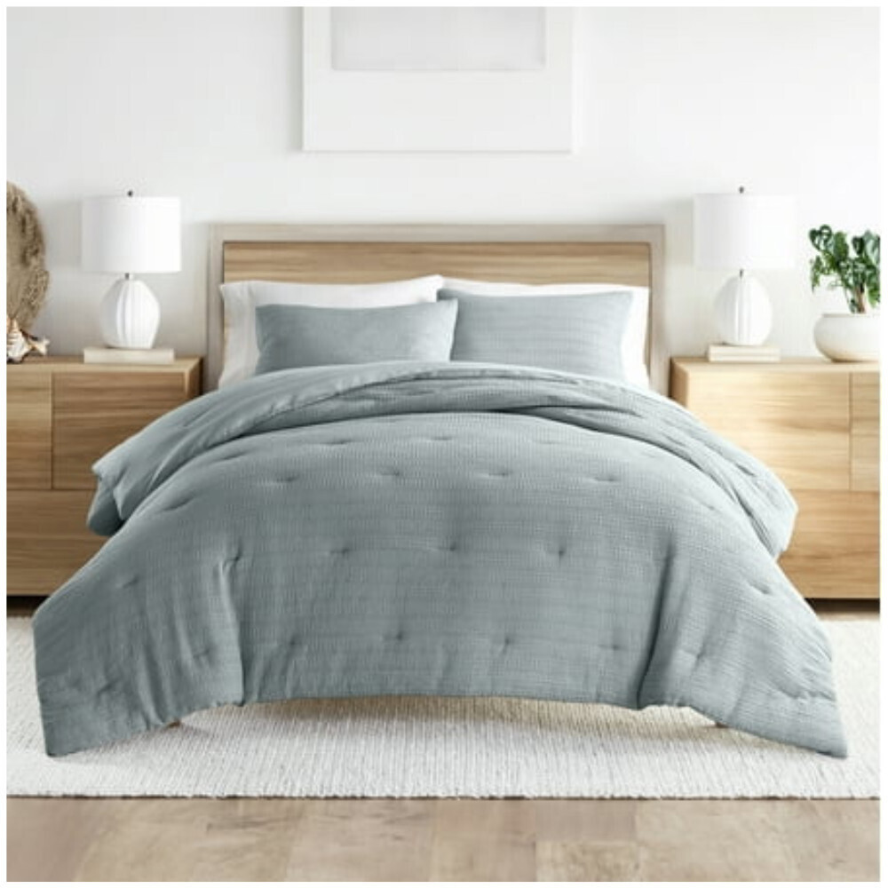 Ienjoy Home Comforter Set Full-Queen Light Blue Waffle Textured 3-Piece BED70